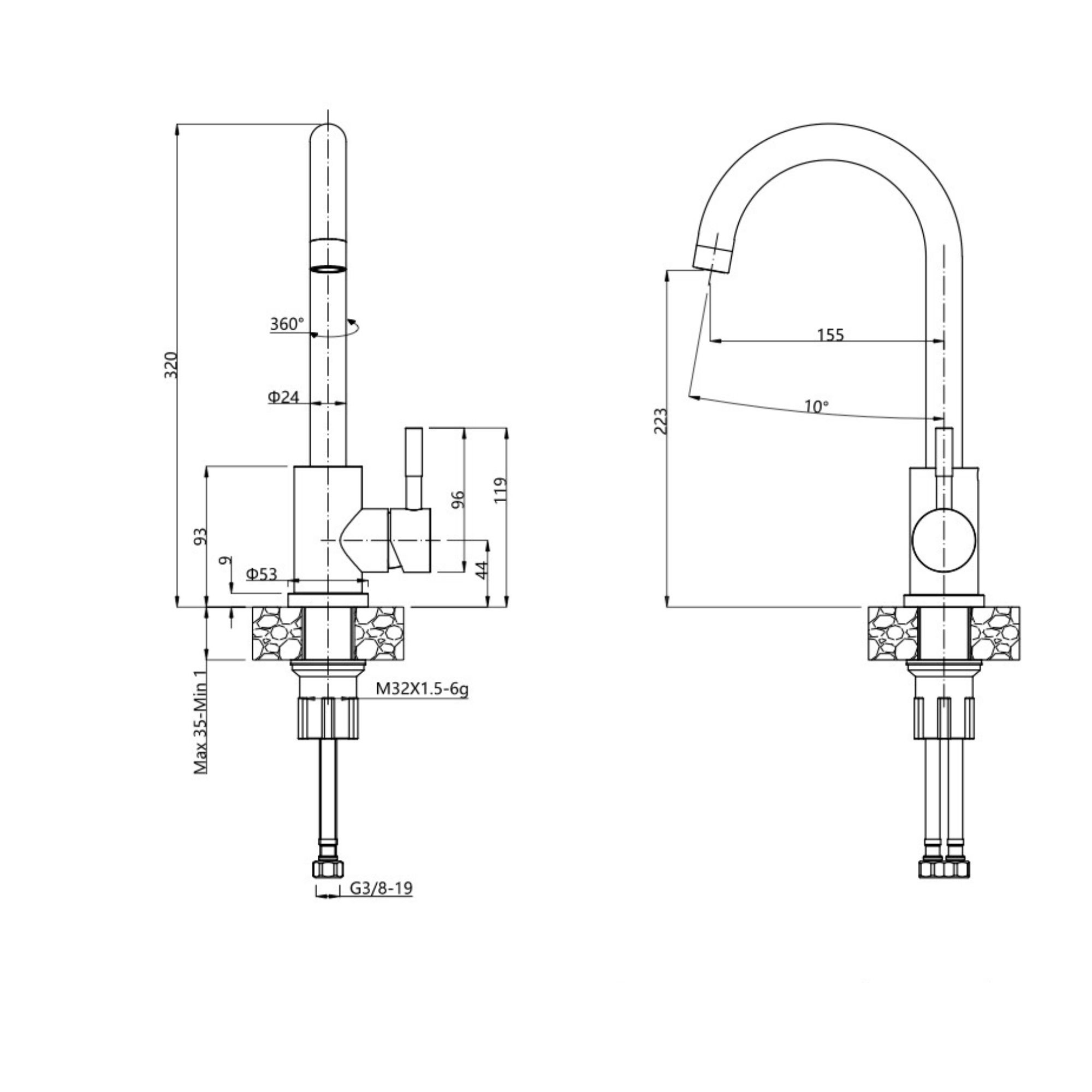 Rysunek techniczny baterii kuchennej katie